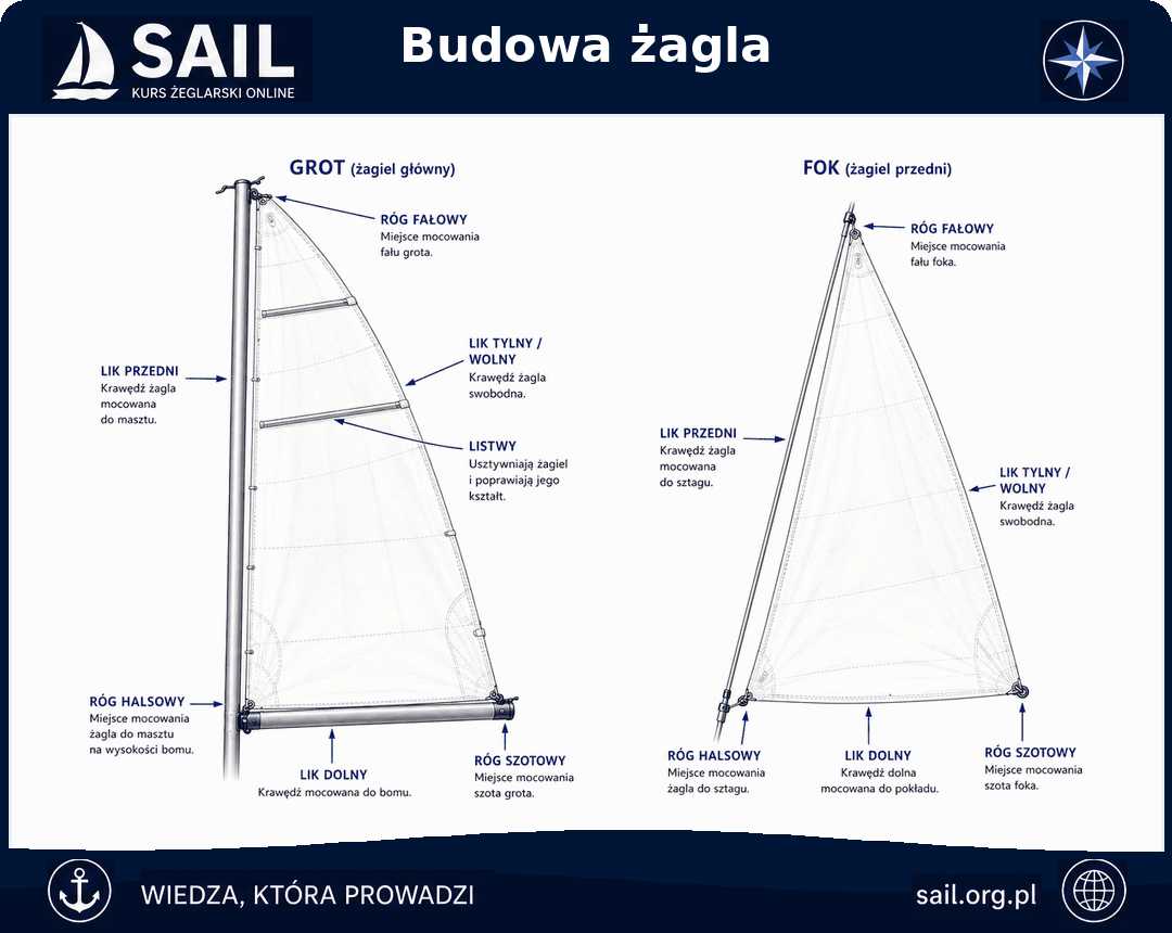 Budowa żagla: grot i fok, liki, rogi oraz listwy