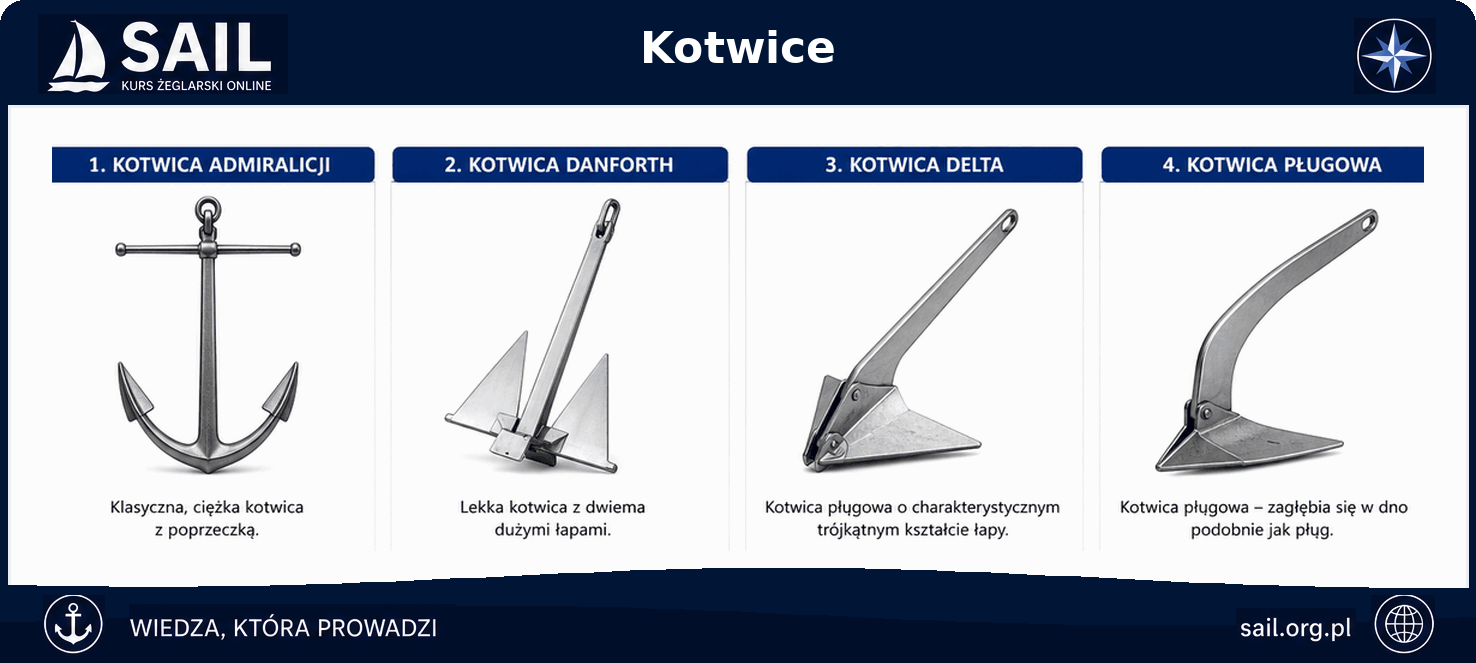 Rodzaje kotwic: admiralicji, Danfortha, Delta i pługowa