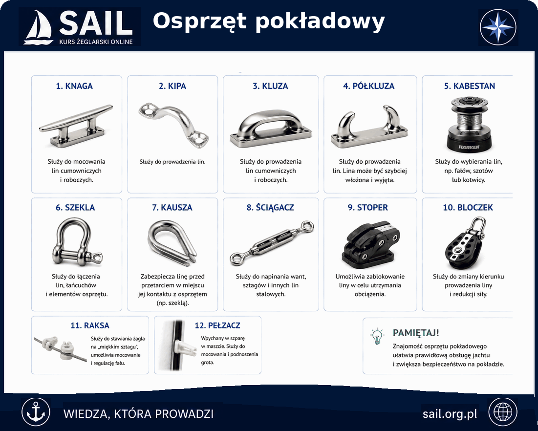 Osprzęt pokładowy: knaga, kluza, kabestan, szekla, kausza, ściągacz, stoper, bloczek, raksa, pełzacz i klipa