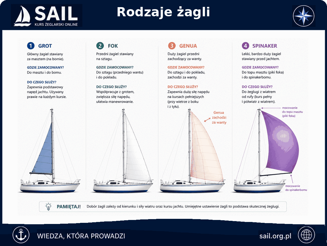Rodzaje żagli: grot, fok, genua i spinaker