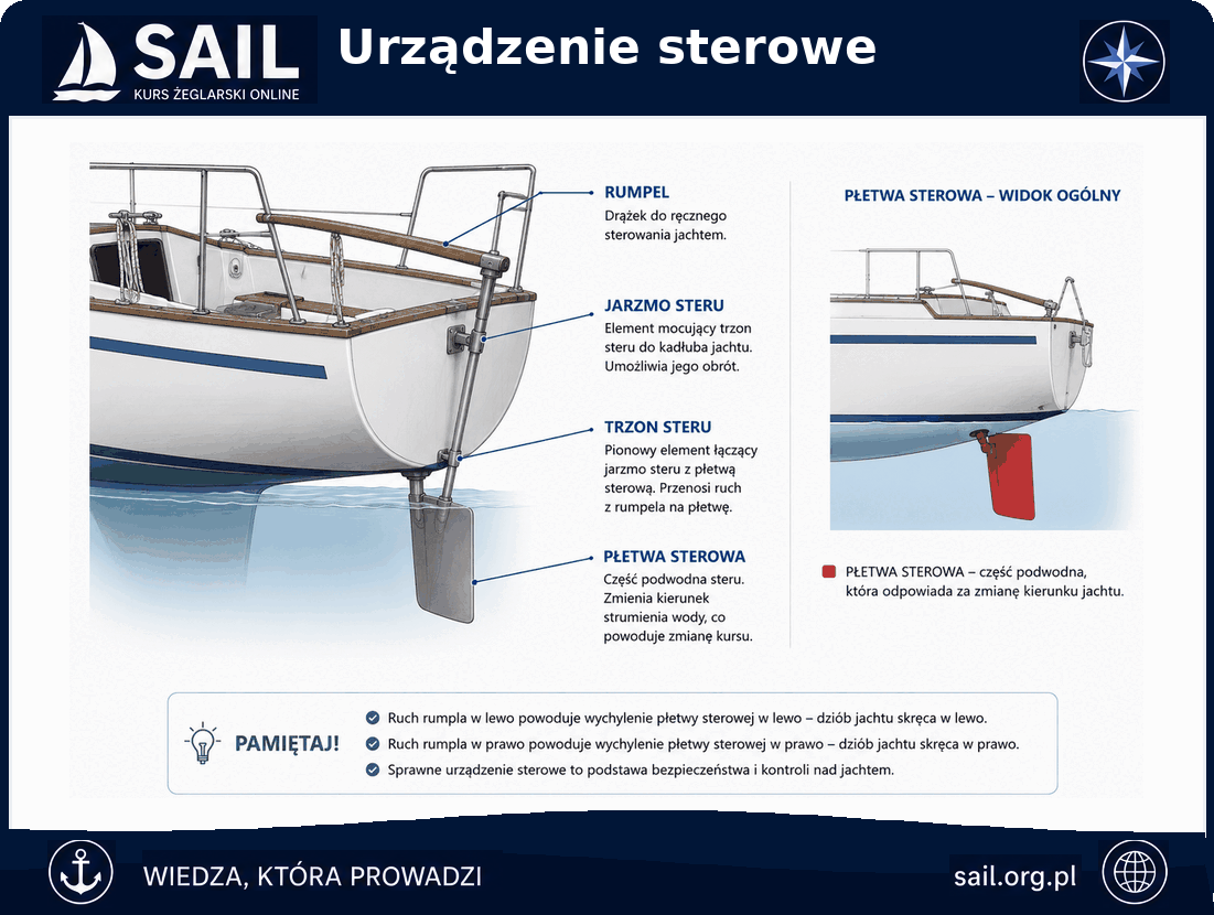 Urządzenie sterowe: rumpel, jarzmo steru, trzon steru i płetwa sterowa